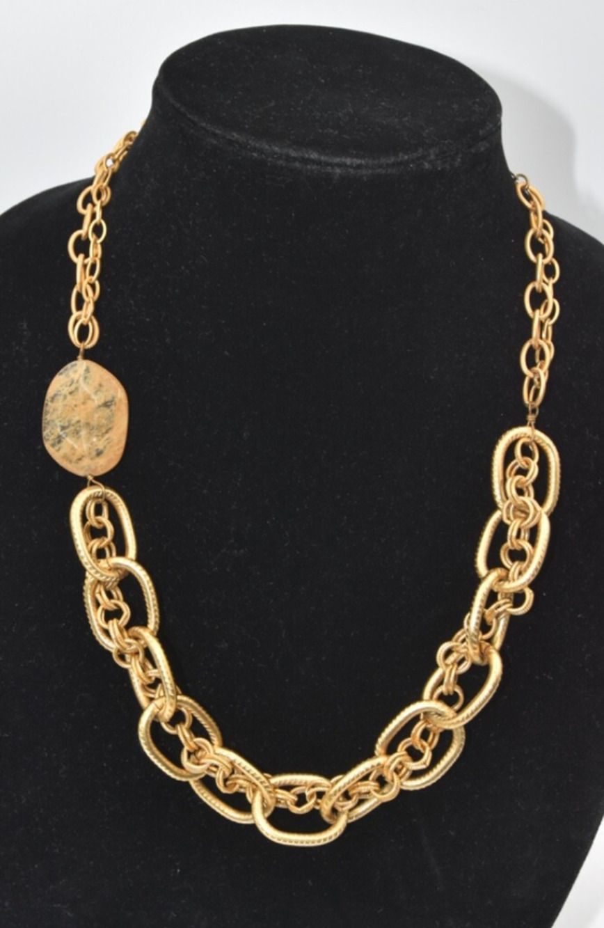 a.v. Max Satin Matte Gold Tone Chain Link & Quartz Couture Statement Necklace